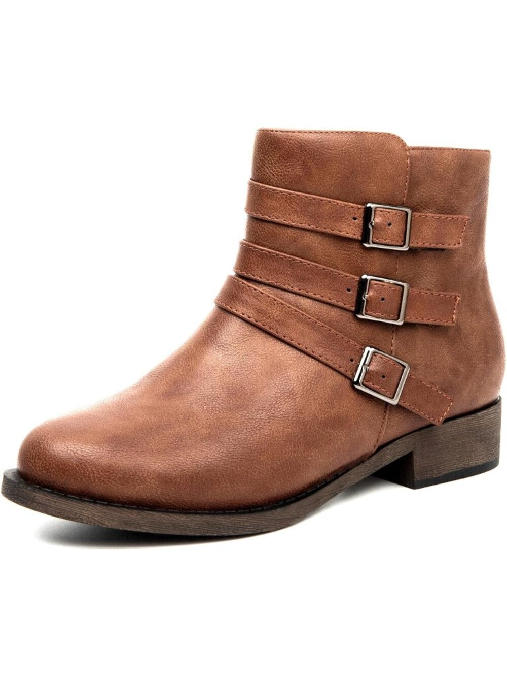 Women's Dark Brown Ankle Boots Chunky Heel Zipper Booties Faux Leather Round Toe